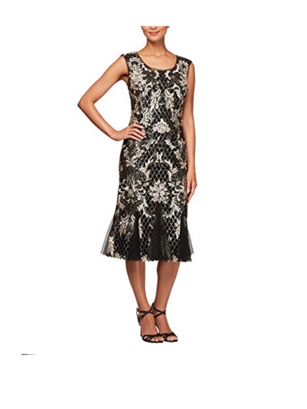 Alex Evenings Black & Champagne Floral Sequin Evening Dress